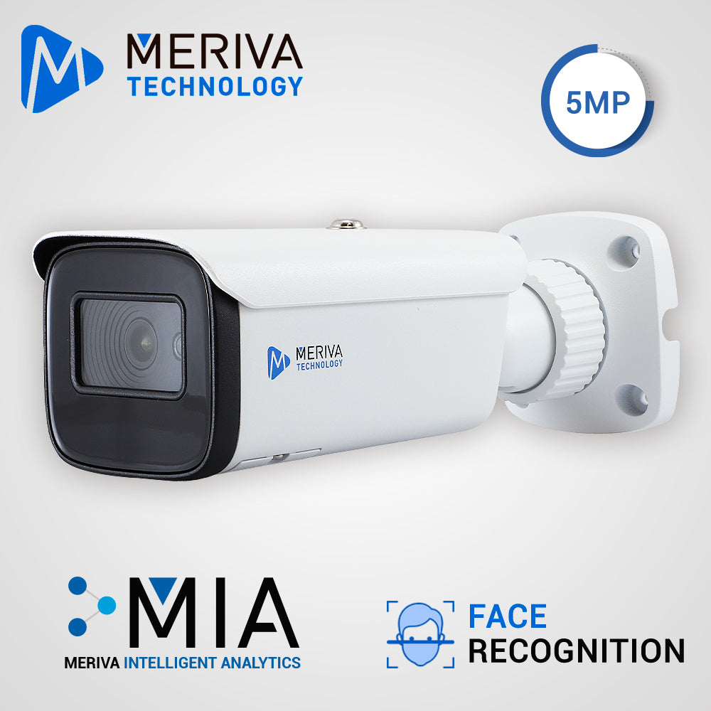 CAMARA IP BULLET MERIVA TECHNOLOGY MOB-E500F / 5MP / H.265 / 2.8MM / 50M IR / SLOT MICRO SD / SALIDA BNC / CÁMARA HIBRIDA / ENTRADA AUDIO / FACE-RECOGNITION CON NVR SERIE MAIN / MIA INTEGRADO / IP67 / METÁLICA / POE / 12VDC