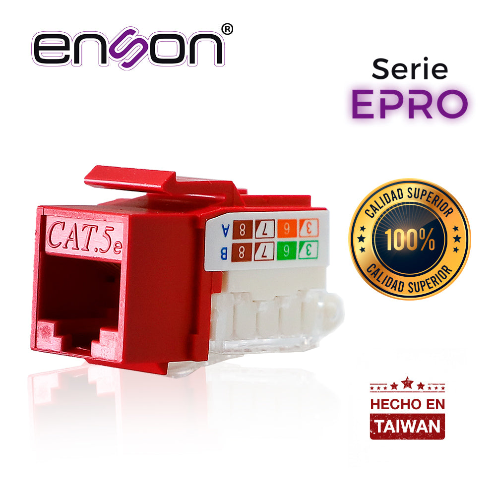 CONECTOR MODULAR JACK RJ45 ENSON EPRO-TLJACK5E-RD SERIE PRO TERMINADO SIN PINZAS POSICION VERTICAL CAT5E COLOR ROJO COMPATIBLE CON PLACAS ENSON EPRO-FP