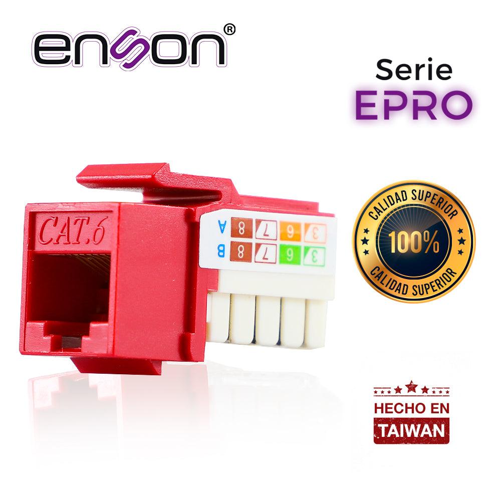 CONECTOR MODULAR JACK RJ45 ENSON EPRO-JACK6-RD SERIE PRO POSICION VERTICAL CAT6 COLOR ROJO COMPATIBLE CON PLACAS ENSON EPRO-FP REQUIERE USO DE PINZAS EPRO-JACKTOOL