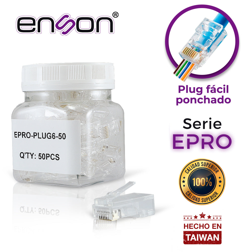 PLUG FACIL PONCHADO ENSON EPRO-PLUG6-50 BOTE DE 50 PZS PARA CABLE UTP CAT6 CON SISTEMA DE PASO DE CABLES PASSTRU QUE FACILITA EL PONCHADO DE CABLE UTP YA QUE SE PUEDE IDENTIFICAR ERRORES DE MANERA MAS FACIL REQUIERE USO DE PINZAS EPRO-PLUGTOOL