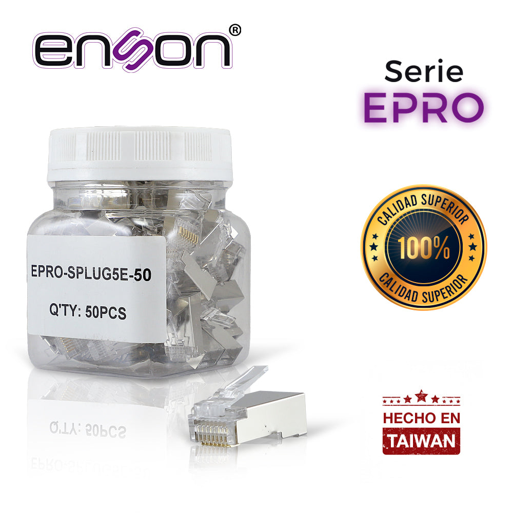 PLUG FACIL PONCHADO BLINDADO ENSON EPRO-SPLUG5E-50 BOTE DE 50 PZS PARA CABLE UTP CAT5E CON SISTEMA DE PASO DE CABLES PASSTRU QUE FACILITA EL PONCHADO DE CABLE UTP YA QUE SE PUEDE IDENTIFICAR ERRORES DE MANERA MAS FACIL REQUIERE USO DE PINZAS EPRO-P