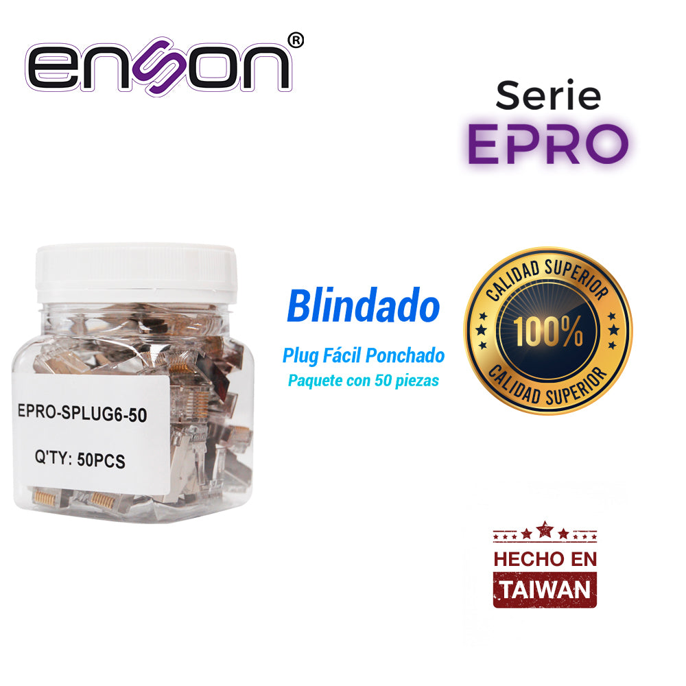 PLUG FACIL PONCHADO BLINDADO ENSON EPRO-SPLUG6-50 BOTE DE 50 PZS PARA CABLE UTP CAT6 CON SISTEMA DE PASO DE CABLES PASSTRU QUE FACILITA EL PONCHADO DE CABLE UTP YA QUE SE PUEDE IDENTIFICAR ERRORES DE MANERA MAS FACIL REQUIERE USO DE PINZAS EPRO-PLU