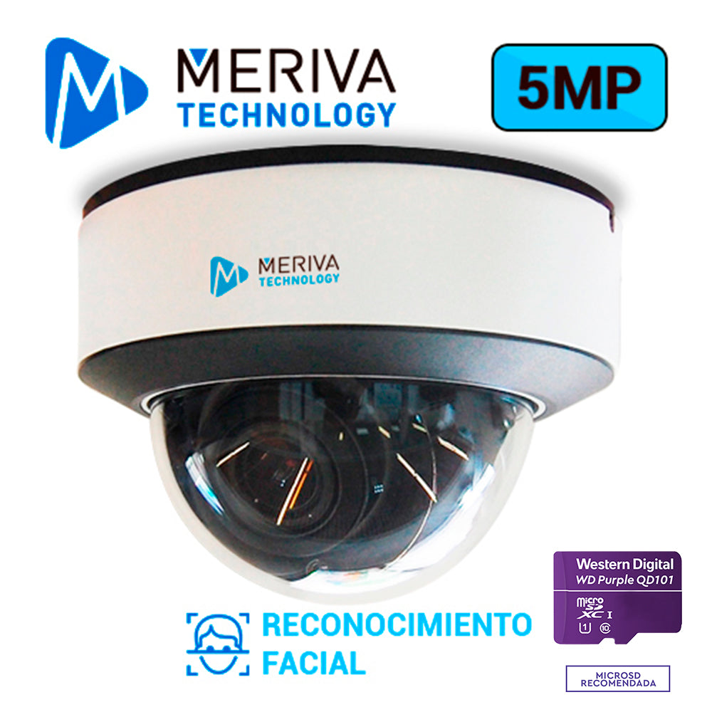CAMARA IP DOMO MERIVA TECHNOLOGY MVD-E500V / 5MP / H.265 / 3.3-12MM / 50M IR / SLOT MICRO SD / SALIDA BNC / CAMARA HIBRIDA / 1 ENTRADA + 1 SALIDA AUDIO + 1 MICROFONO INTEGRADO / FACE-RECOGNITION CON NVR SERIE MAIN / MIA INTEGRADO / IP67 & IK10 / MET