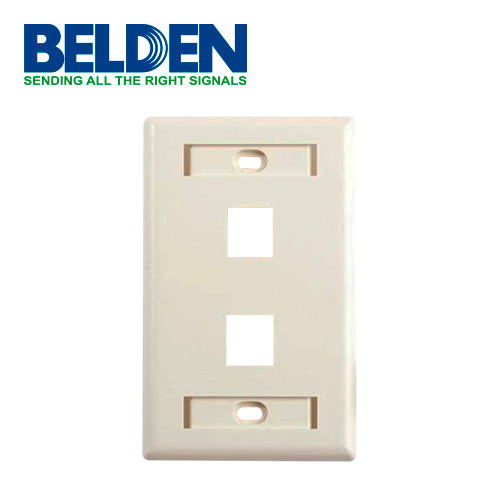 PLACA DE PARED (FACEPLATE) BELDEN AX103923 2 PUERTO COMPATIBLE CON JACKS ESTILO KEYCONNECT UNIVERSAL CAT6A CAT6 CAT5E CONECTORES DE FIBRA ÓPTICA Y COAXIALES COLOR ALMENDRA USO INTERIOR MATERIAL PLÁSTICO UL94V INCLUYE TORNILLO 6-32 ETIQUETA DE CARTON