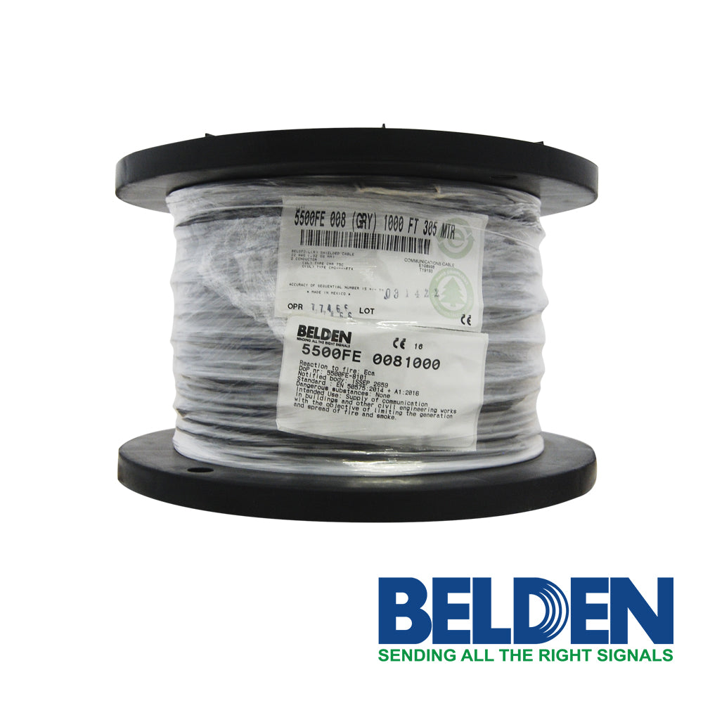 CABLE DE SEGURIDAD Y SONIDO BELDEN 5500FE 0081000 / INTERIOR / GRIS / 2 CONDUCTORES / 22 AWG / FORRO PVC / CMR / BLINDADO / BOBINA / 1 000 PIES 305 METROS