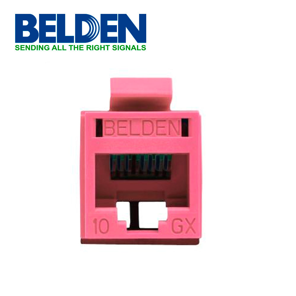CONECTOR MODULAR JACK RJ45 CAT6A REVCONNECT BELDEN RVAMJKUTR-S1 ESTILO KEYCONNECT ROJO CLARO COMPATIBLE CON FACEPLATE AX102660 AX102655 AX102249 ESQUEMA DE CABLEADO T568A/B HERRAMIENTA COMPATIBLE RVUTT01 USO INTERIOR CALIBRE DEL CONDUCTOR 23-24 AWG