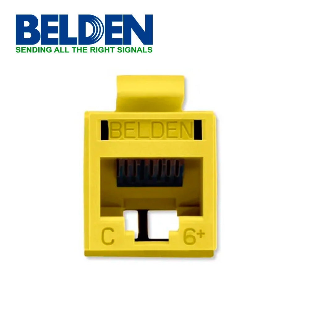 CONECTOR MODULAR JACK RJ45 CAT6 REVCONNECT BELDEN RV6MJKUYL-S1 ESTILO KEYCONNECT AMARILLO COMPATIBLE CON FACEPLATE AX102660 AX102655 AX102249 ESQUEMA DE CABLEADO T568A/B HERRAMIENTA COMPATIBLE RVUTT01 USO INTERIOR CALIBRE DEL CONDUCTOR 23-24 AWG