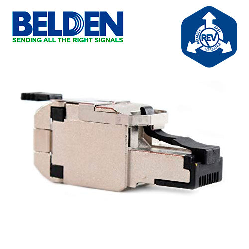 CONECTOR MODULAR PLUG RJ45 CAT6A REVCONNECT BLINDADO BELDEN RVAFPSME-S1 COLOR METAL CERTIFICABLE ESQUEMA DE CABLEADO T568A/B HERRAMIENTA COMPATIBLE RVUTT01 USO INTERIOR CALIBRE DEL CONDUCTOR 23-24 AWG