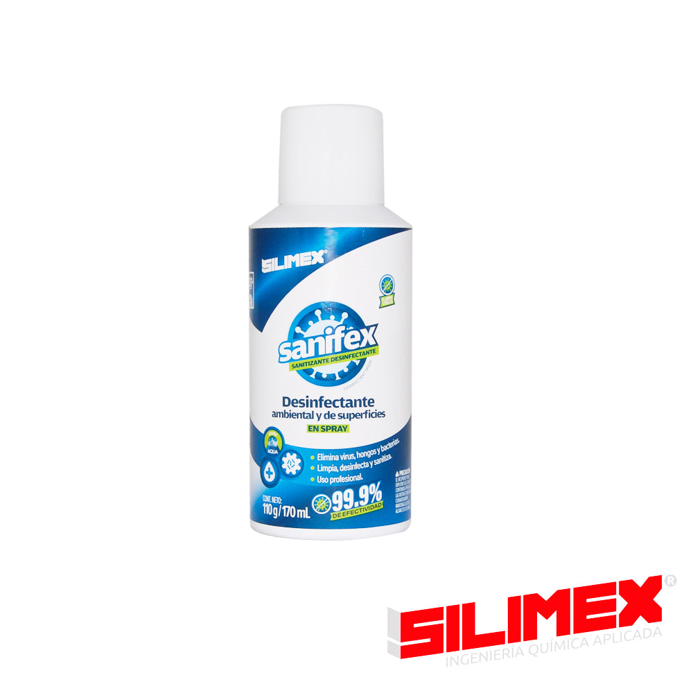 219680 SILIMEX Sanifex Spray 170 Descripción: Sanitizante desinfectante formulado para desinfectar las superficies y el ambiente ayudando a eliminar virus bacterias y hongos que pueden ser perjudiciales para la salud. Característi