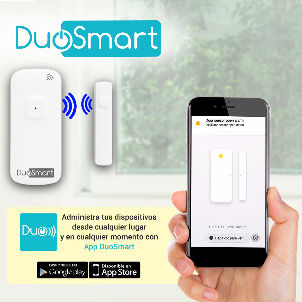 SENSOR MAGNETICO WIFI 2.4GHZ STANDALONE DUOSMART D10 BATERIA RECARGABLE REPORTA DIRECTO A APP DUOSMART COMPATIBLE CON ALEXA Y GOOGLE HOME
