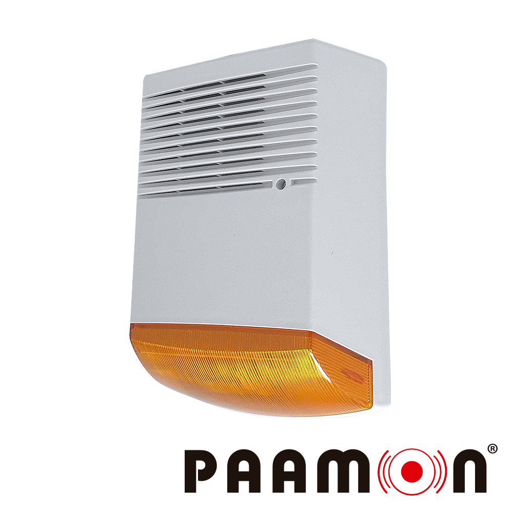 SIRENA CON ESTROBO PARA EXTERIOR PM-SRE60A CON DOBLE CARCASA UNA EXTERNA PLASTICA Y UNA INTERNA METALICA PARA DOBLE PROTECCION VOLTAJE DE OPERACION 9-28V DC SIRENA CON 1 TONO DE 125dB ESTROBO COLOR AMBAR TASA DE PARPADEO DE 135 VECES POR MINUTO