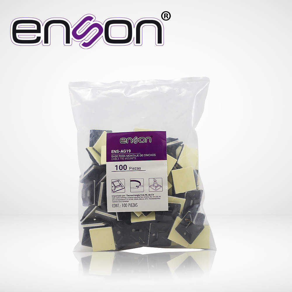 BASE PORTA CINCHO DE NYLON ENSON ENS-AG19 DE 25 X 25MM AUTOADHERIBLE BOLSA DE 100 PZ