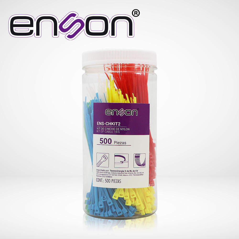 KIT DE CINCHOS DE NYLON ENS-CHKIT2 DE 500 PIEZAS EN 5 COLORES DE 100MM USO SUGERIDO DE PINAZA TENSORA ENS-TGUN