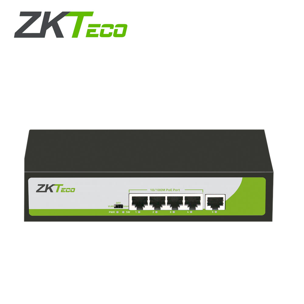 SWITCH ZKTECO PE041-55-C 4 PUERTOS RJ45 10/100 Mbps CON POE AF/AT + 1 PUERTO RJ45 100 Mbps NO ADMINISTRABLE COMPATIBLE CON CUALQUIER CAMARA IP POE SOPORTA HASTA 250m DE DISTANCIA SOBRE UTP CAT6
