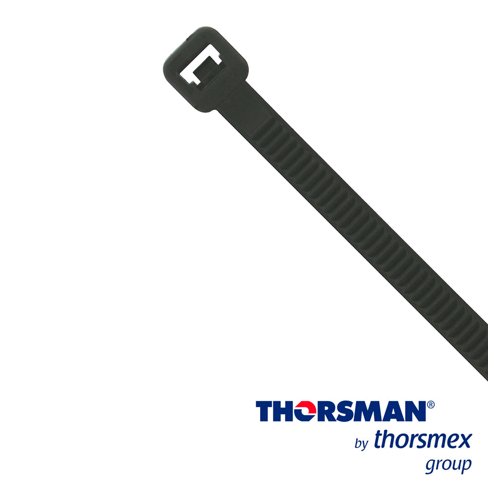CINCHO NYLON TH-360 THORSMAN 4200-05001 COLOR NEGRO A 4.8MM- L 368 MM BOLSA/100PZS DIAMETRO MAXIMO CAPACIDAD DE ATADO 105mm FABRICADO EN POLIAMIDA (Nylon 66) GRADO DE FLAMABILIDAD UL 94 V-2 RESISTENTE A LA CORROSIÓN HUMEDAD Y CLIMAS EXTREMOS T