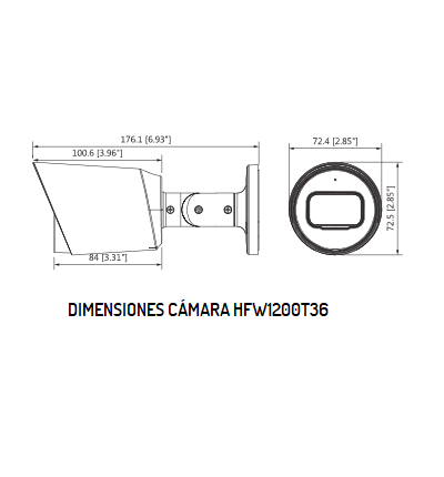 DAHUA HAC-HFW1200T-36- Camara Bullet de 2 Megapixeles/ Lente Fijo de 3.6mm/ 83 Grados de Apertura/ Smart IR 30 Metros/ IP67/ Metalica/ BLC/ HLC/ DWDR/ TVI AHD y CBVS/