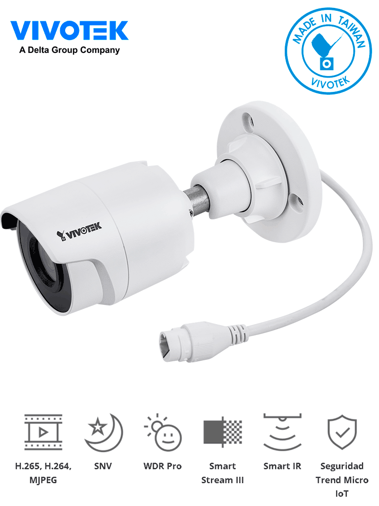 VIVOTEK IB9380-H - Cámara IP bullet exterior 5 MP H.265 lente 3.6mm Smart IR 30m WDR Pro SNV ciberseguridad Trend Micro Smart Stream III ranura MicroSD IP66/IK10 NDAA ONVIF.