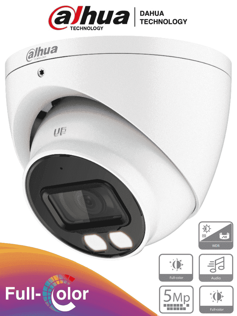 DAHUA HAC-HDW1509TN-A-LED-0360B - Cámara Domo Full Color de 5 MP con lente de 3.6 mm y micrófono integrado. Ofrece iluminación LED hasta 40 metros tecnología Starlight y resistencia al agua IP67
