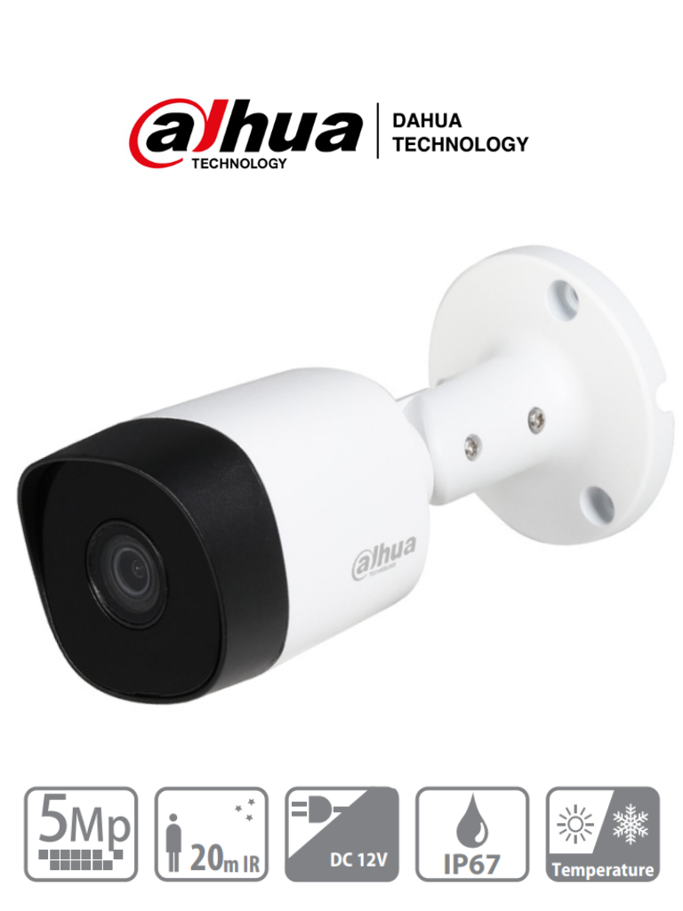 DAHUA HAC-B2A51N-0280B-S2 - Cámara bullet de 5 MP con lente de 2.8 mm y ángulo de visión de 106°. Incorpora IR de 20 m para visión nocturna resistente IP67 y materiales metálicos. Compatible con CVI CVBS AHD y TVI