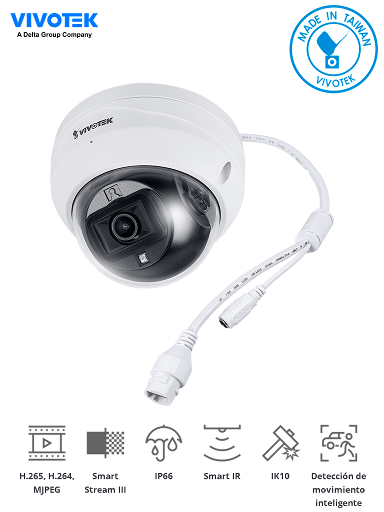 VIVOTEK FD9369 - Cámara IP Domo exterior 2 Megapixeles Lente fijo 2.8mm Iluminadores Smart IR 30m Smart Motion Micrófono integrado Ranura MicroSD Protección IP66 IK10 Smart Stream III NDAA ONVIF