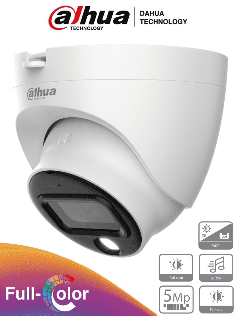 DAHUA HAC-HDW1509TLQ-A-LED - Cámara Domo Full Color de 5 MP con micrófono integrado y lente de 3.6 mm con 88° de apertura. Ofrece imagen a color 24/7 WDR real de 120 dB LEDs para 20 metros. Resistente al agua con clasificación IP67