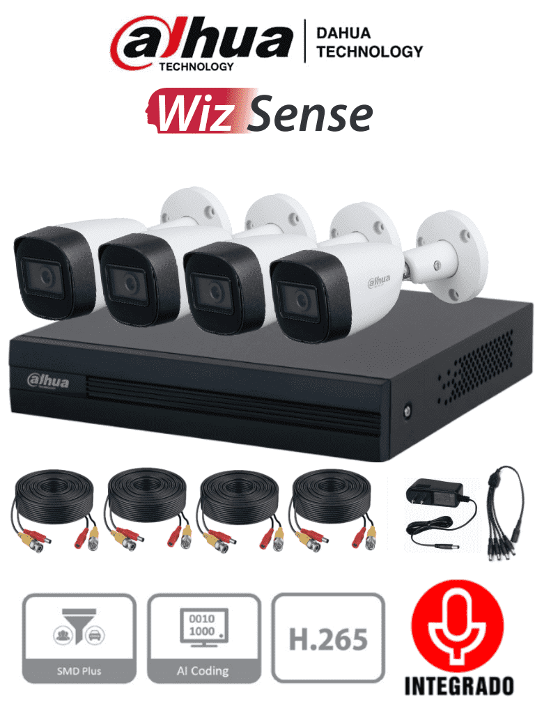 DAHUA KITXVR1B04-I+HFW1200CMA -Kit de 4 canales con cámaras de 2MP y audio. Incluye DVR Cooper-I WizSense con IA y H.265+ 4 cámaras metálicas con micrófono integrado 4 canales más 1IP o hasta 5 canales IP 4 canales SMD Plus y accesorios incluidos