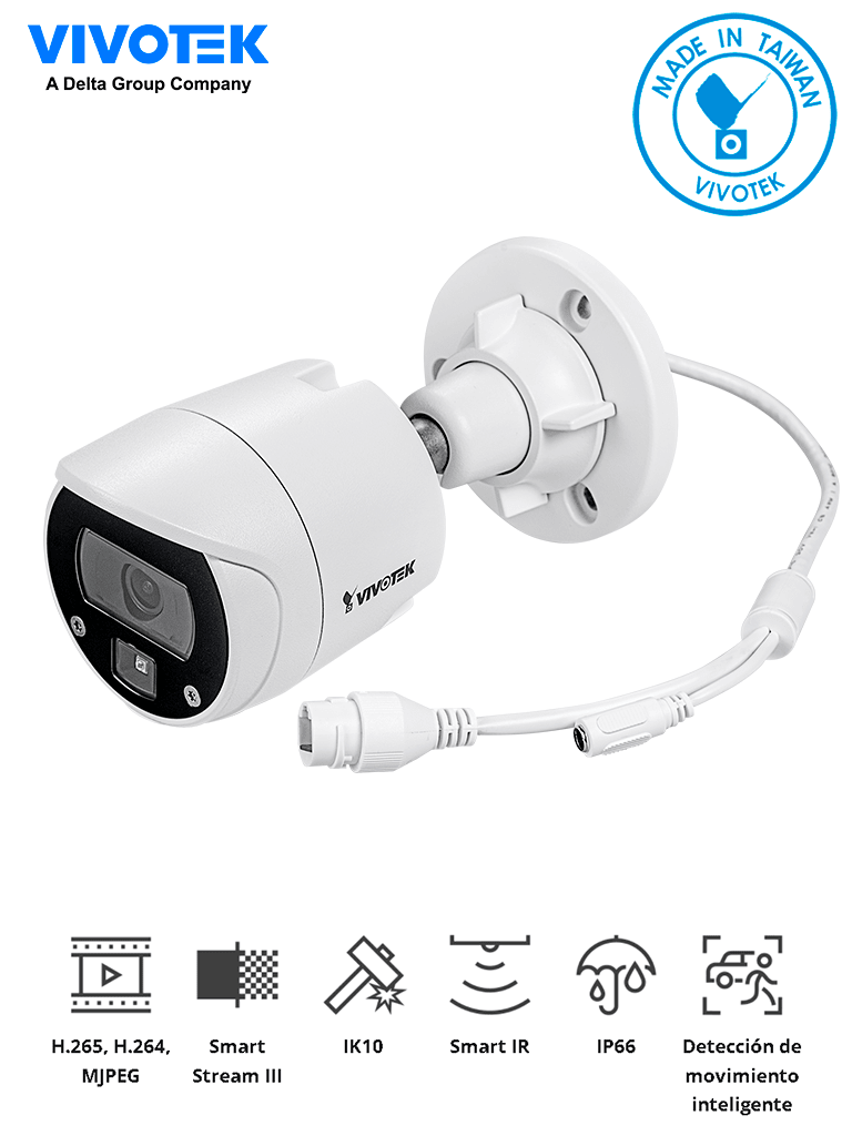 VIVOTEK IB9369 - Cámara IP bullet exterior 2 MP lente fijo 2.8mm Iluminadores Smart IR 30m WDR digital Smart Stream III Smart Motion 3DNR Ranura MicroSD IP66 IK10 NDAA ONVIF