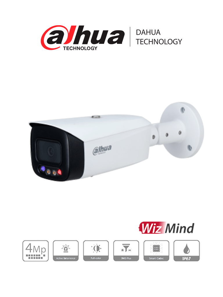 DAHUA IPC-HFW3449T1N-AS-PV-0360B - Cámara IP Bullet Resolución de 4 MP/ Lente 3.6 mm/ ? 81°/ LED 40mts/ IA WizSense/ Det. de Mov. Inteligente/ Prot. Perimetral/ FullColor/ TiOC/ PoE/ WDR/ H.265+/ IP67/ Micrófono/ Sirena/ Estrobos/ E&S Alarma/ E&S A
