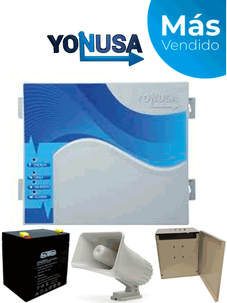 YONUSA EYNG12001BAT - Energizador de nueva generación de12 000 V con hasta 2 500 metros lineales compatible con modulo Wifi incluye Sirena de 30W con gabinete metálico y batería de respaldo de 12VDC a 4.5 Ah