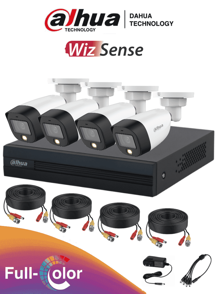 DAHUA FULLCOLORKIT- Kit de 4 canales Full Color de 2 MP. Incluye 4 cámaras HFW1209CN-LED DVR Cooper-I WizSense con IA H.265+ y 4 canales + 1 IP (o hasta 5 canales IP). Búsqueda avanzada de humanos y vehículos accesorios incluidos