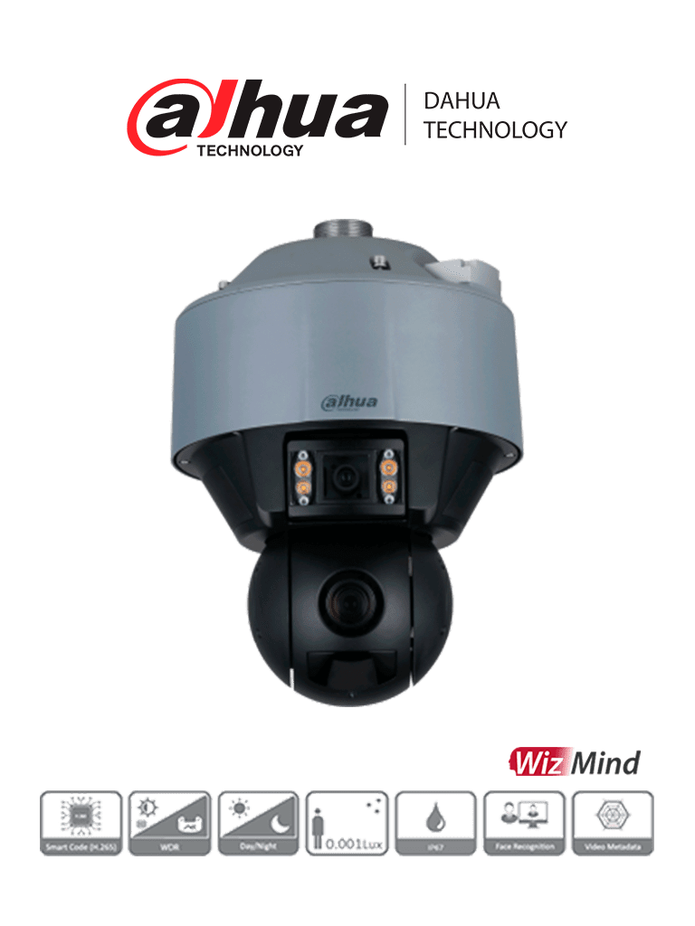DAHUA DH-SDT5X405-4F-QA Cámara PTZ Dual de 4MP con IA WizMind y visión multivisión. Incluye lente panorámico de 6mm y zoom 10-50mm para detalles precisos IR de 100m y soporte para reconocimiento y captura de rostros. #MV