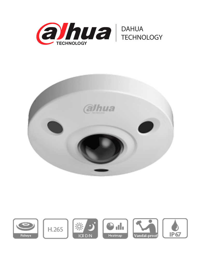 DAHUA IPC-EBW8630N - Cámara IP Fisheye Resolución de 6 MP/ Lente 1.7mm/ ? 360/ IR 10 mts/ IA WizMind/ Mapa de Calor/ PoE/ DWDR/ H.265/ IP67/ IK10/ E&S Alarma/ E&S Audio/#PFDahua