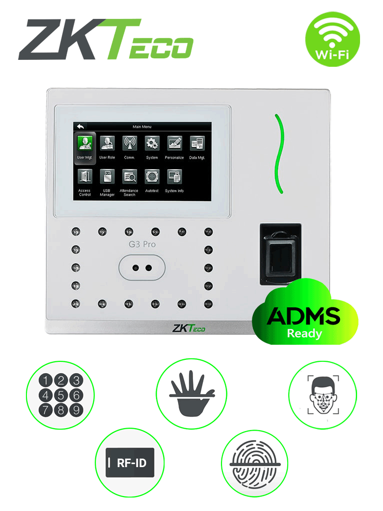 ZKTECO G3PROWIFI - Control de Acceso y Asistencia Facial y Palma / 12000 Rostros / 20000 Huellas BIO ID / 20000 Tarjetas ID / 6000 Palmas / Green Label / WiFi