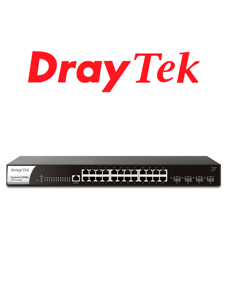 DrayTek Vigorswitch G2280x - Switch Gigabit Ethernet Administrable Capa 2 con 24 puertos Gigabit Ethernet además de 4 puertos SFP & SFP+ y capacidad de switching hasta 128 Gbps