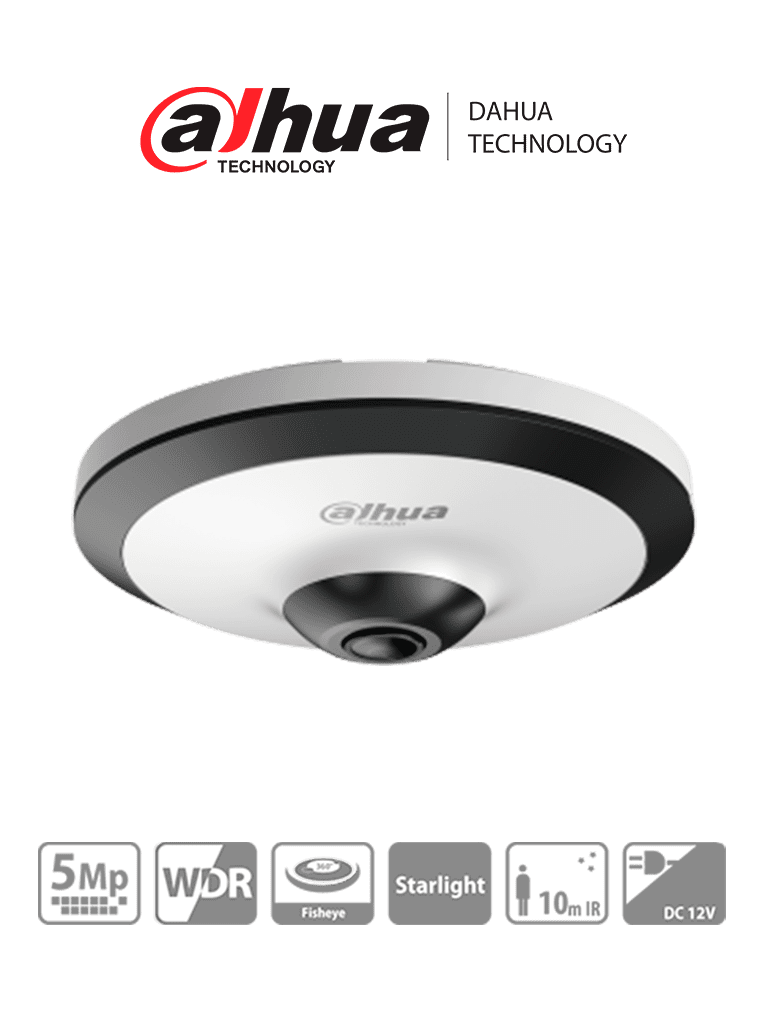 DH-HAC-EW2501N - Cámara Fisheye HDCVI 5 MP visión 360° IR 10 m WDR real 120dB micrófono integrado. Ideal para uso interior con tecnología Starlight para baja luz y reducción de ruido 2D/3D. Ofrece vigilancia detallada y nítida en todas condicion