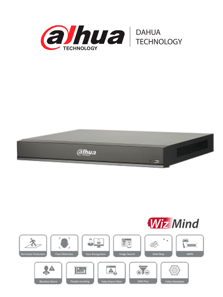DAHUA DHI-NVR5216-16P-I/L - NVR de 16 Canales 4k/ WizMind/ 16 Puertos PoE/ H.265+/ 4 Canales de Reconocimiento Facial/ 20 Bases de Datos de Rostros/ 2 Bahías de Discos Duros/ Rendimiento de 320 Mbps/ 4&2 E&S de Alarma/