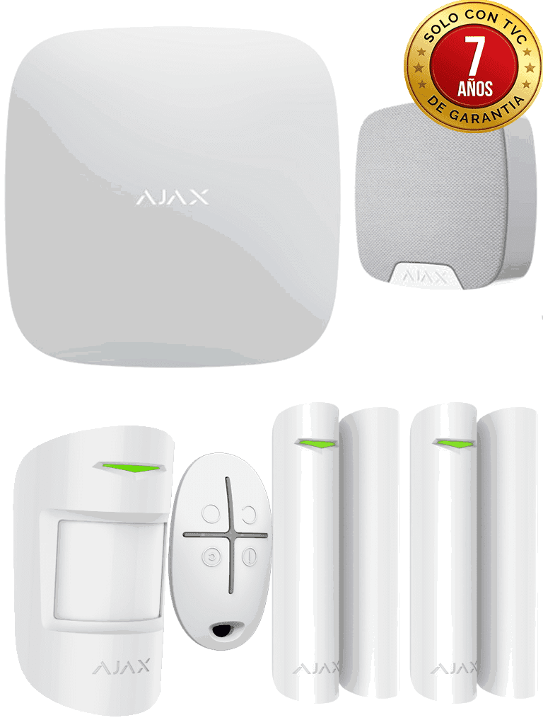 AJAX KIT RESIDENCIAL - Panel de alarma Hub2Plus conexión Ethernet / WiFi / LTE APP “AJAX PRO” iOS y Android 1 sensor de movimiento 2 detectores para puerta o ventana 1 control remoto y una sirena interior inalámbrica color Blanco