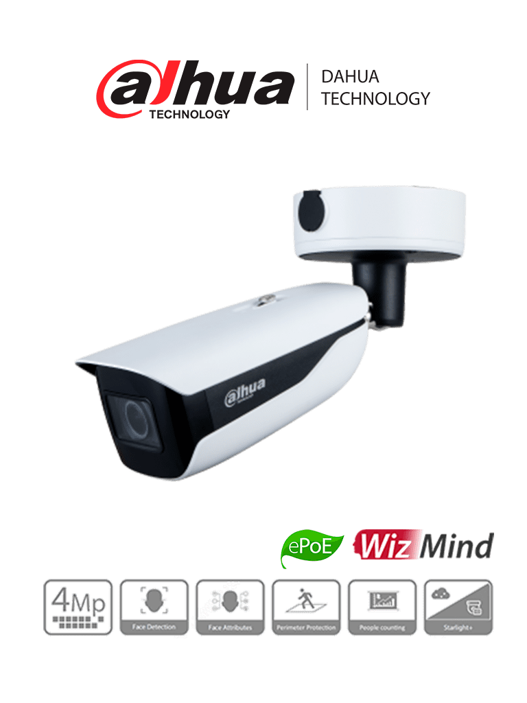 DAHUA IPC-HFW5442HN-ZHE - Cámara IP Bullet Resolución de 4 MP/ Lente Mot. 2.7 a 12mm/ ? 107°-44°/ IR 60 mts/ IA WizMind/ Detección Facial/ Protección Perimetral/ Conteo de Personas/ Starlight/ ePoE/ WDR 140dB/ H.265+/ IP67/ IK10/ E&S Alarma/ E&S Aud