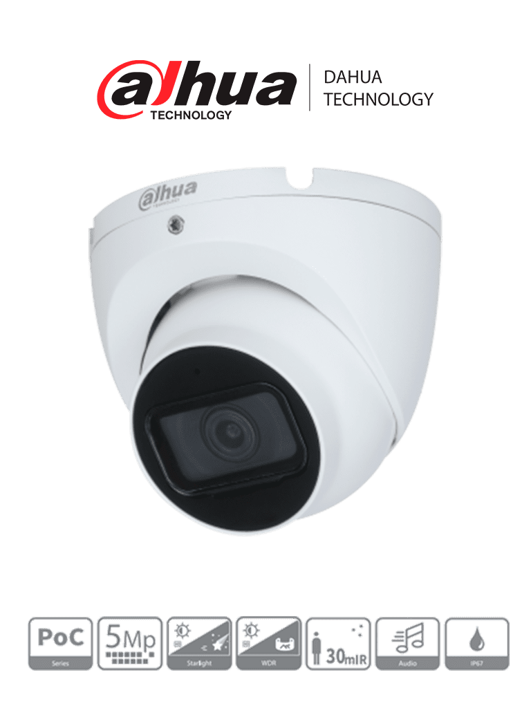 DAHUA HAC-HDW2501TLM-A - Cámara Domo 5MP Serie Pro con lente de 2.8mm y ángulo de 111°; IR 30m micrófono integrado carcasa metálica WDR 120dB IP67 con tecnología Starlight y HDCVI. Calidad superior en cualquier entorno.