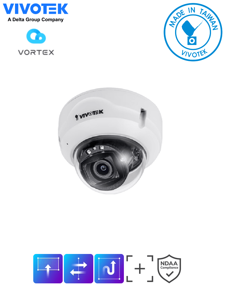 VIVOTEK FD839-EHV - Camara IP VORTEX Essential Series Domo Exterior 5 Megapixeles Lente Fijo 2.8mm Microfono Integrado IR 30 mts WDR Pro IP66 IK10 NDAA Almacenamiento Interno 256GB