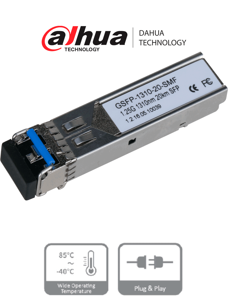 DAHUA GSFP-1310-20-SMF Módulo óptico Gigabit/ Doble fibra monomodo/ Puerto LC/ Envío de 1310nm y recepción de 1310nm/ Distancia de transmisión hasta 20 km