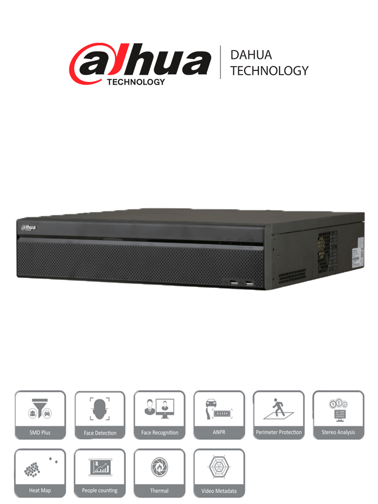 DAHUA DHI-NVR5832-16P-EI -NVR de 32 canales IP 4K con 16 puertos PoE y 8 puertos ePoE. Ofrece tecnología Acupick detección y reconocimiento facial SMD 8 bahías para discos duros y admite RAID 0/1/5/6/10 con un ancho de banda de 384 Mbps.