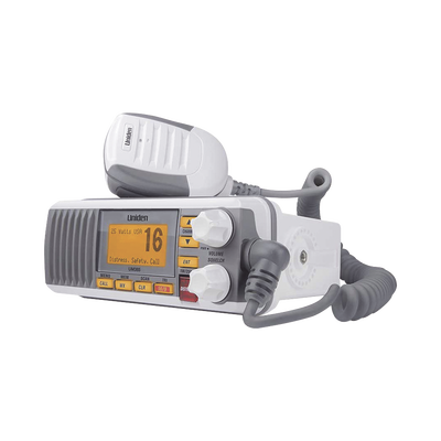 Radio Móvil Marino VHF color blanco Tx: 156.025 - 157.425 MHz Rx: 156.050 - 163.275 MHz 25W de potencia sumergible IPX4 incluye micrófono y cable de alimentación