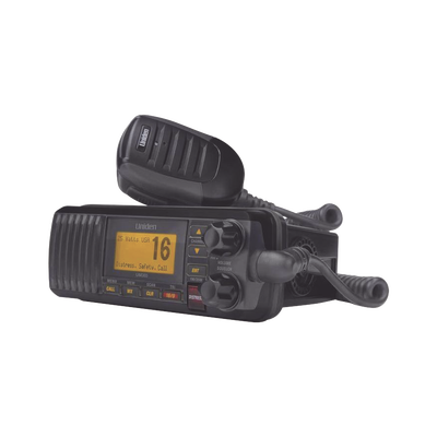 Radio Móvil Marino VHF color negro 25 W de potencia sumergible IPX4 rango de frecuencia.: Tx: 156.025-157.425 MHz Rx: 156.050-163.275 MHz. incluye micrófono y cable de alimentación