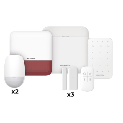 (AX PRO) KIT de Alarma AX PRO / Incluye: 1 Hub / 2 Sensores PIR / 3 Contactos Magnéticos mini / 1 Control Remoto / 1 Sirena Estrobo en color Rojo Inalámbrica Exterior /1 Teclado Inalámbrico / Wi-Fi / Compatible con Hik-Connect P2P