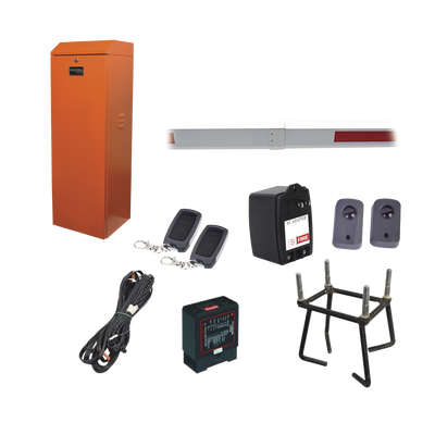 Kit COMPLETO Barrera Derecha XB NARANJADA / Brazo telescópico 3.6 ~ 5.5 M / Incluye Sensor de masa Transformador Lazo Ancla Fotoceldas y 2 Controles Inalámbricos