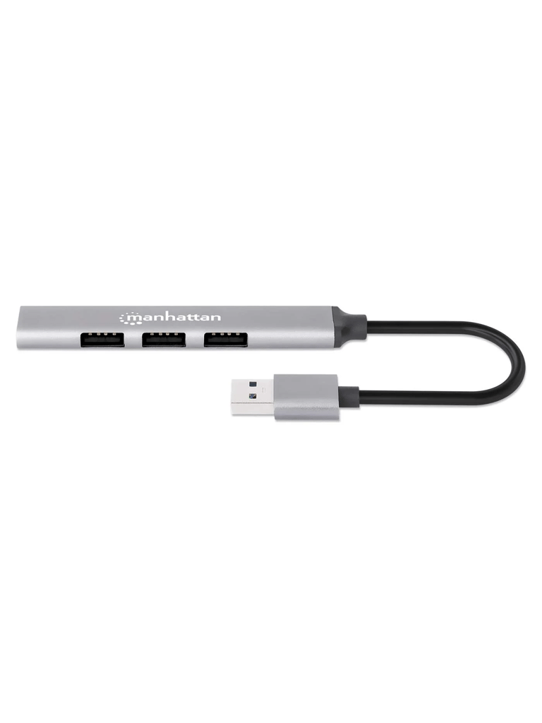 MANHATTAN -168427 - Hub USB combinado con 4 puertos Tipo A / Conector USB-A macho a cuatro puertos USB-A hembra un puerto USB 3.2 Gen 1 (antes USB 3.0) de 5 Gbps y tres puertos USB 2.0 de 480 Mbps alimentación por bus aluminio gris espacial