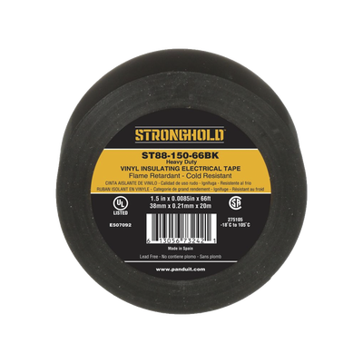 Cinta Eléctrica STRONGHOLD para Aislar  de PVC  Trabajo Pesado Eléctrico Industrial (Soporta UV  abrasión  agua  aceite y corrosión)  Grosor de 0.21 mm (8.5 mil)  Ancho de 38 mm  y 20 m de Largo  Uso Interior/Exterior  Color Ne