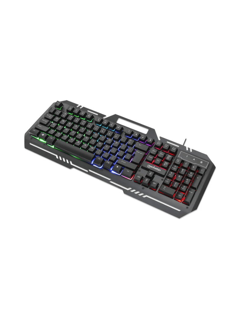 MANHATTAN 180610 - Teclado Gaming LED con pánel metálico para celular 12 teclas de función Conexión USB Teclado en Español con retroiluminación Rainbow-LED (multicolor) soporte para teléfono IPX4 (resistente a salpicaduras) negro