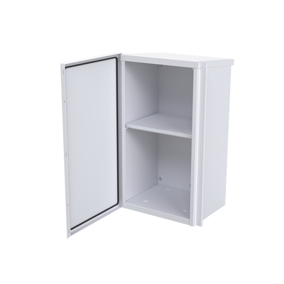 Gabinete Acero Galv. para 2 Baterías PL110D12 (400 x 730 x 300mm). Puerta Sin Ventilación. Acc. para piso o poste No incluidos.
